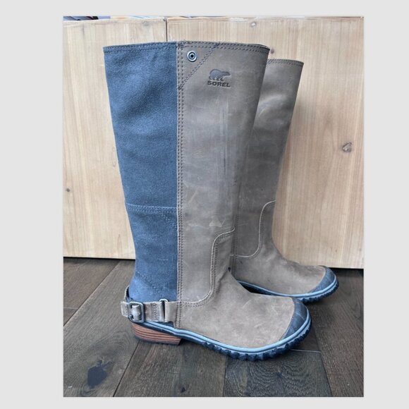 Sorel Slimboot Waterproof Suede Leather Boots Size 7 Brown Gray Tall All Weather - Picture 2 of 9